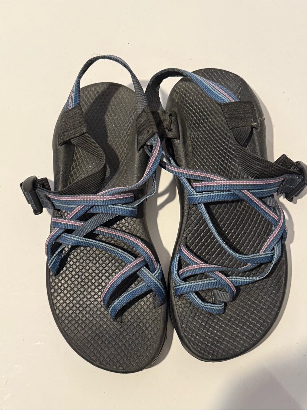 Chaco Women's Strappy Sport Sandals in Black with Blue and Pink Webbing